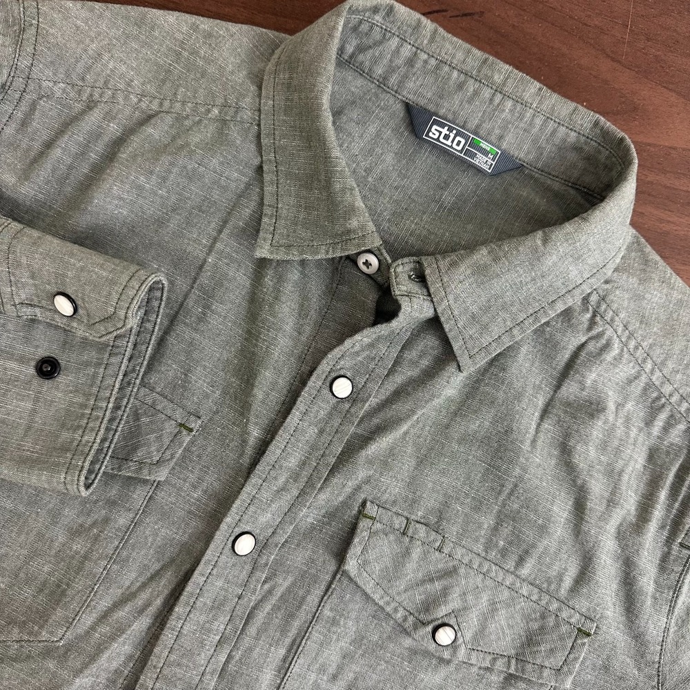Stio Chambray Shirt Green Organic Cotton Pearl Snap Front Workwear Mens M
